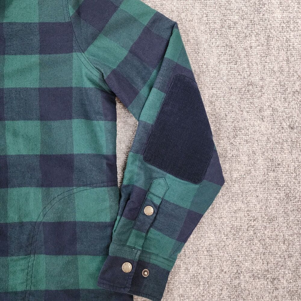 Orvis Shirt Womens Small Blue Green Plaid Fleece Lined Snap Shacket Elbow Patch - Picture 13 of 16